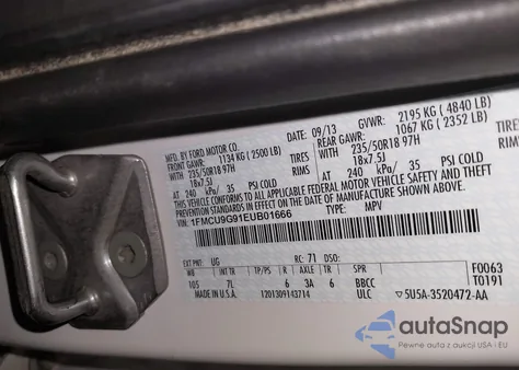 2014 Ford Escape Se from USA, damaged, VIN 1FMCU9G91EUB01666
